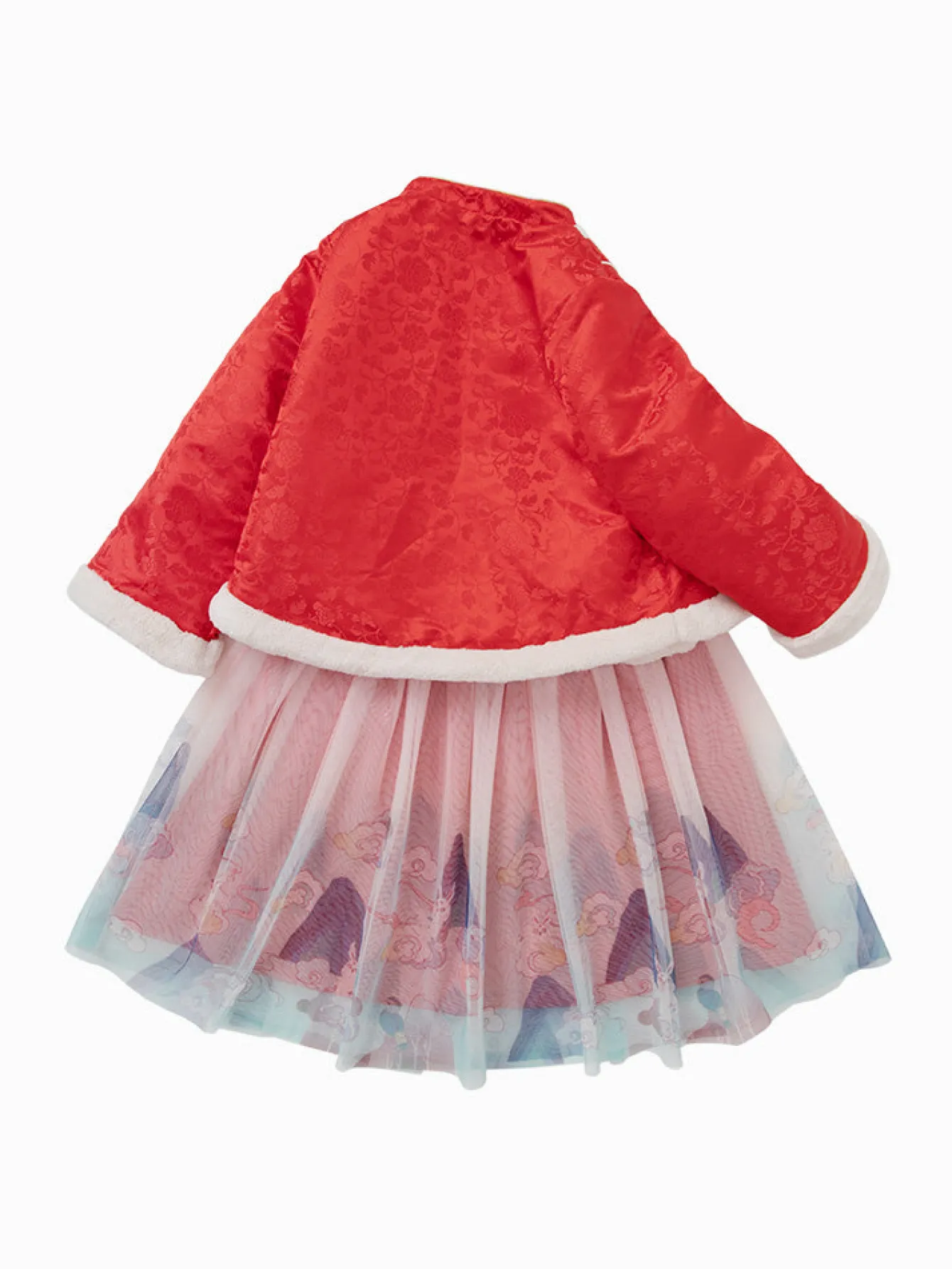 Balabala Toddler Girl Jacquard Traditional Chinese Painting Long Sleeve Woven Set 2-8 Years Chinese Red Fashion