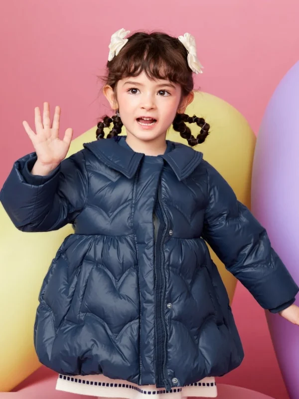 Balabala Toddler Girl Lapel Classic Collared Down Jacket Dark Blue Clearance