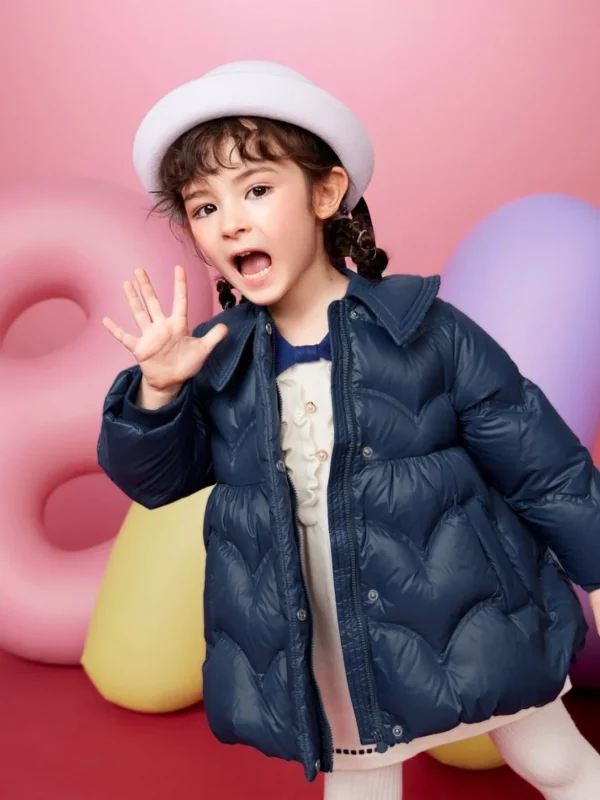 Balabala Toddler Girl Lapel Classic Collared Down Jacket Dark Blue Clearance