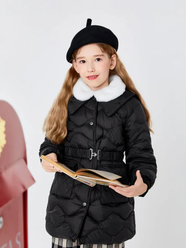 Balabala Toddler Girl Lapel Windproof Detachable Belt Down Jacket Black Fashion