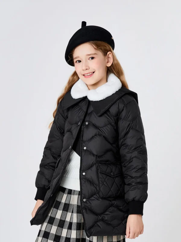 Balabala Toddler Girl Lapel Windproof Detachable Belt Down Jacket Black Fashion