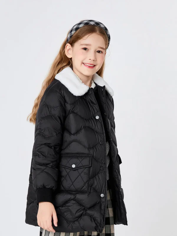 Balabala Toddler Girl Lapel Windproof Detachable Belt Down Jacket Black Fashion