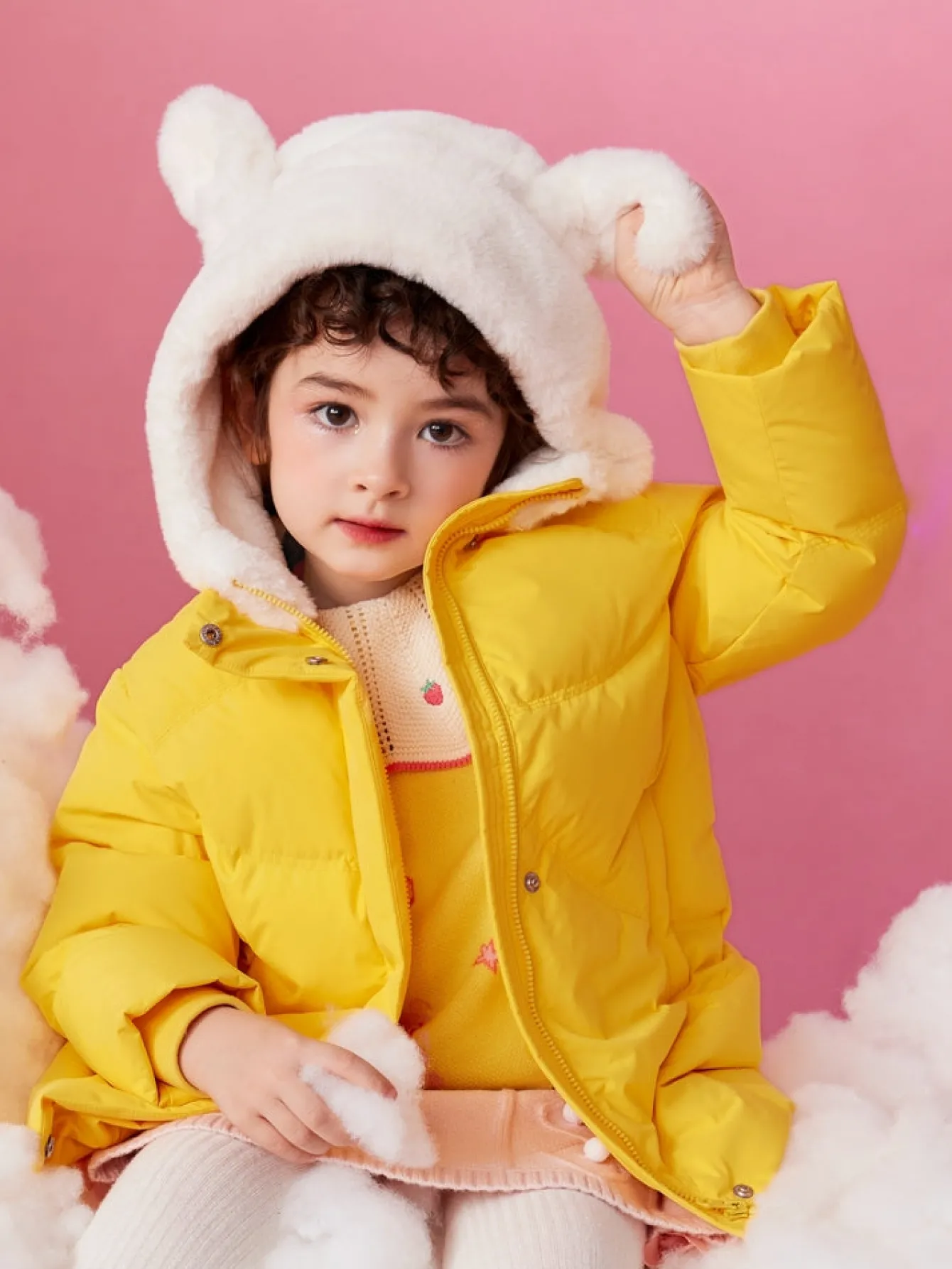 Balabala Toddler Girl Rabbit Fur Hooded Fresh And Lively Down Jacket Medium Yellow Hot