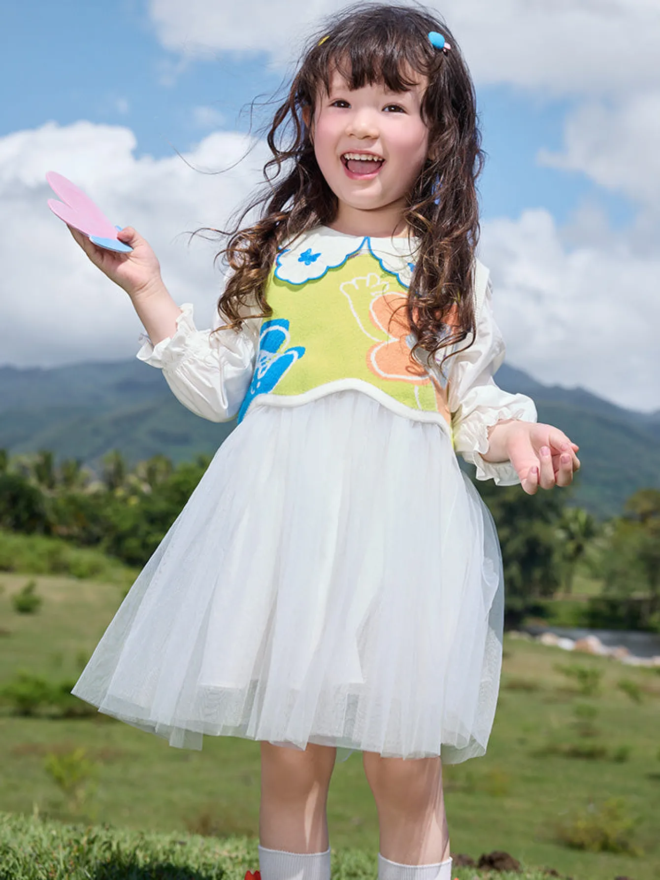 Balabala Toddler Girl Textile Flower Long Sleeve Woolen Set 2-8 Years Raw White Clearance