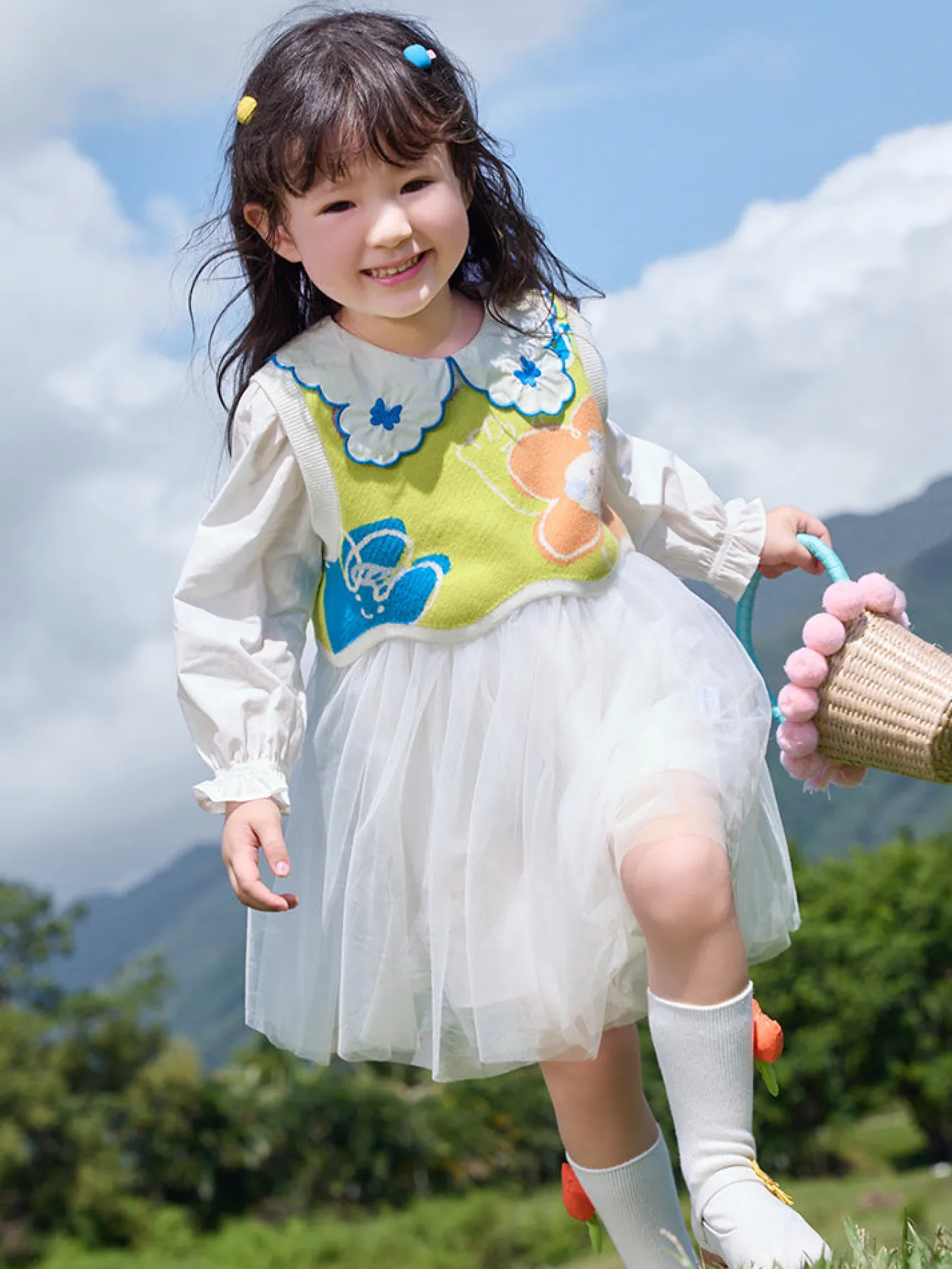 Balabala Toddler Girl Textile Flower Long Sleeve Woolen Set 2-8 Years Raw White Clearance