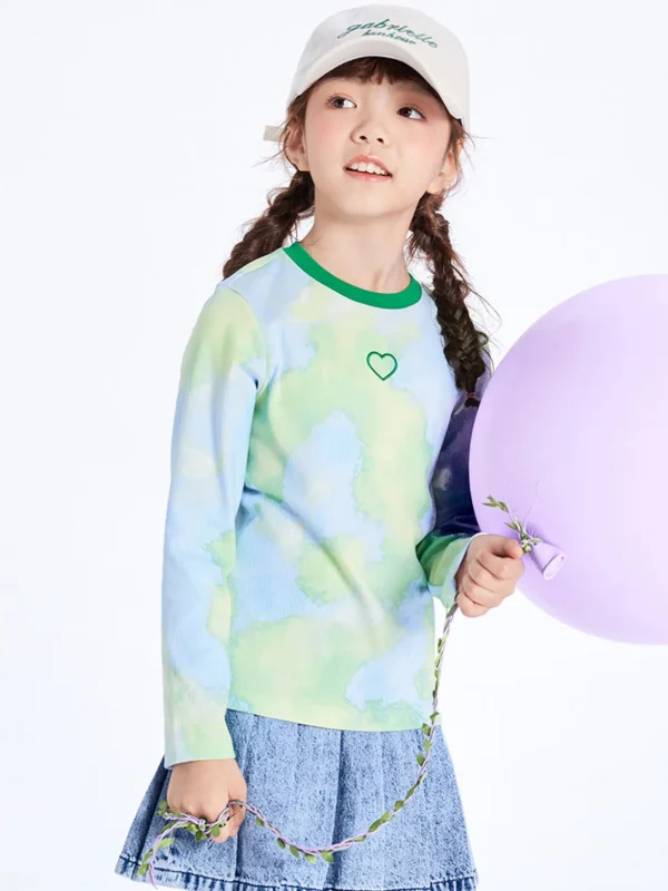 Balabala Toddler Girl Tie-dye Rounded V-Neck Long Sleeve T-Shirt 2-8 Years Best Sale