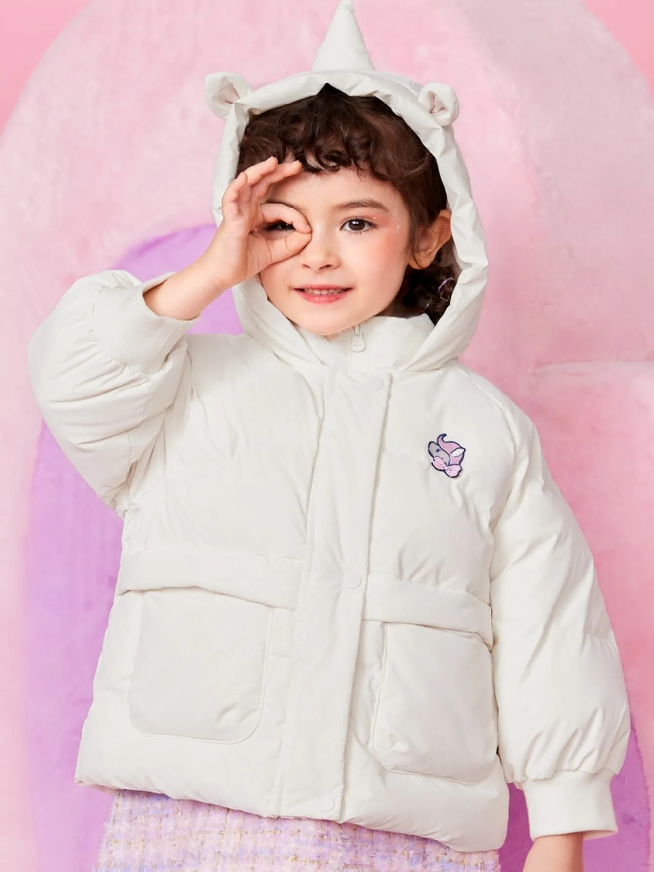 Balabala Toddler Girl Unicorn Shape Hooded Polka Dot Down Jacket Off-White Outlet