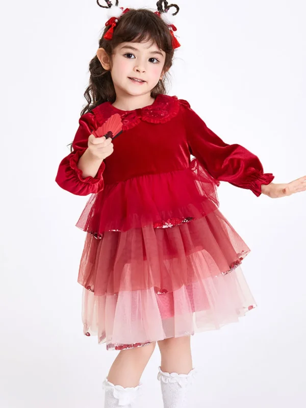 Balabala Toddler Girl Velvet Solid Color Woven Dress 2-8 Years Red Hue Store