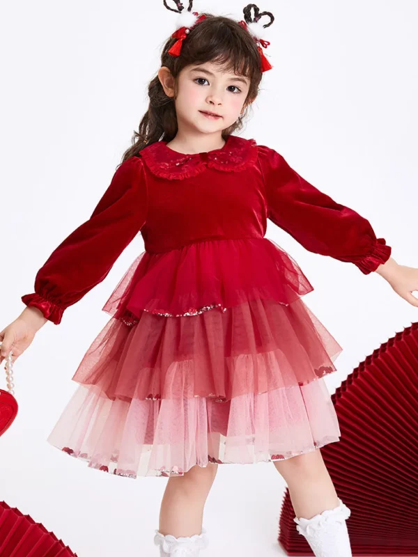Balabala Toddler Girl Velvet Solid Color Woven Dress 2-8 Years Red Hue Store