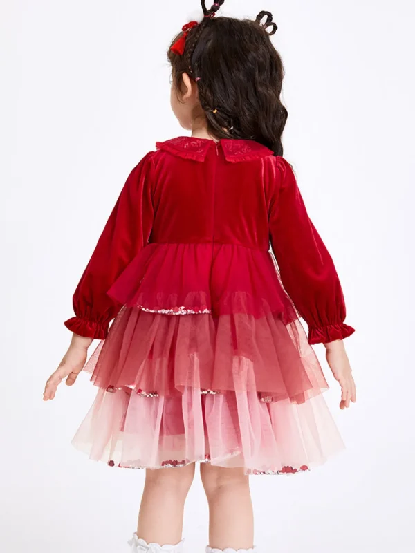 Balabala Toddler Girl Velvet Solid Color Woven Dress 2-8 Years Red Hue Store