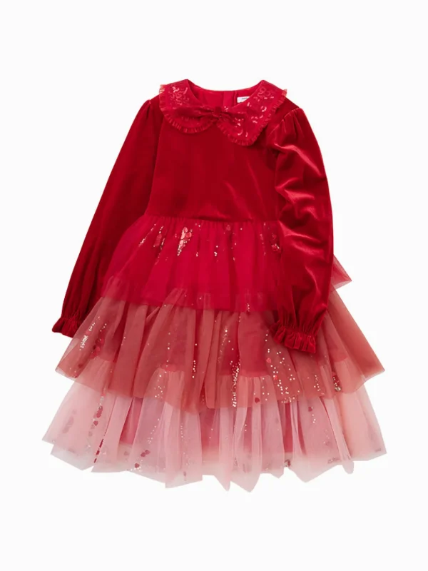 Balabala Toddler Girl Velvet Solid Color Woven Dress 2-8 Years Red Hue Store
