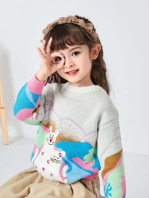 Balabala Toddler Mountain River Forest Jacquard Crew Neck Long Sleeve Sweater Red Blue Hue Store