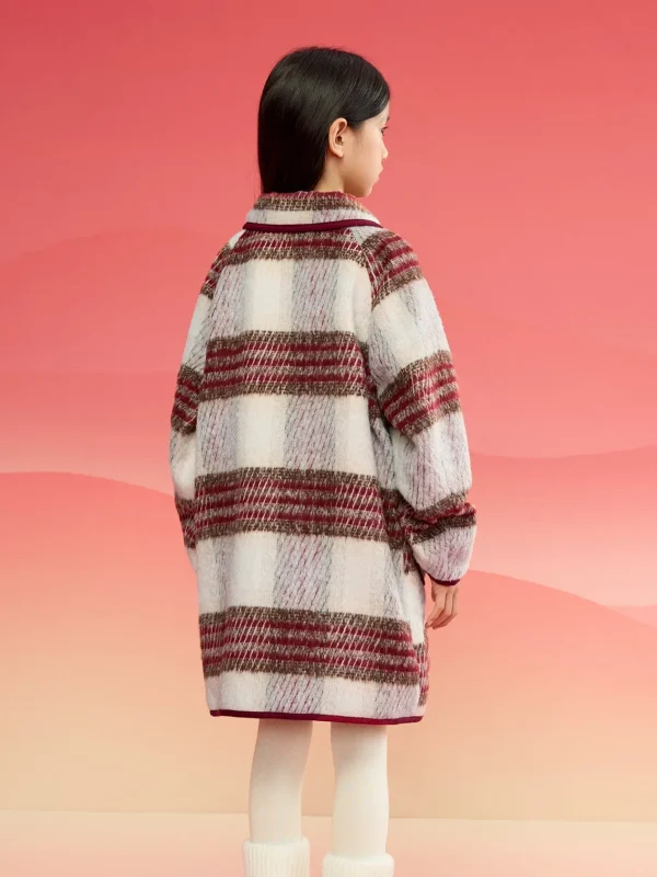 Balabala Barabara children's clothing girls coat 2024 fall and winter new retro college plaid tweed coat Red White Hot