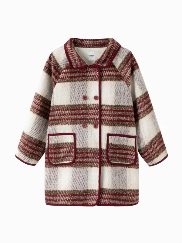Balabala Barabara children's clothing girls coat 2024 fall and winter new retro college plaid tweed coat Red White Hot