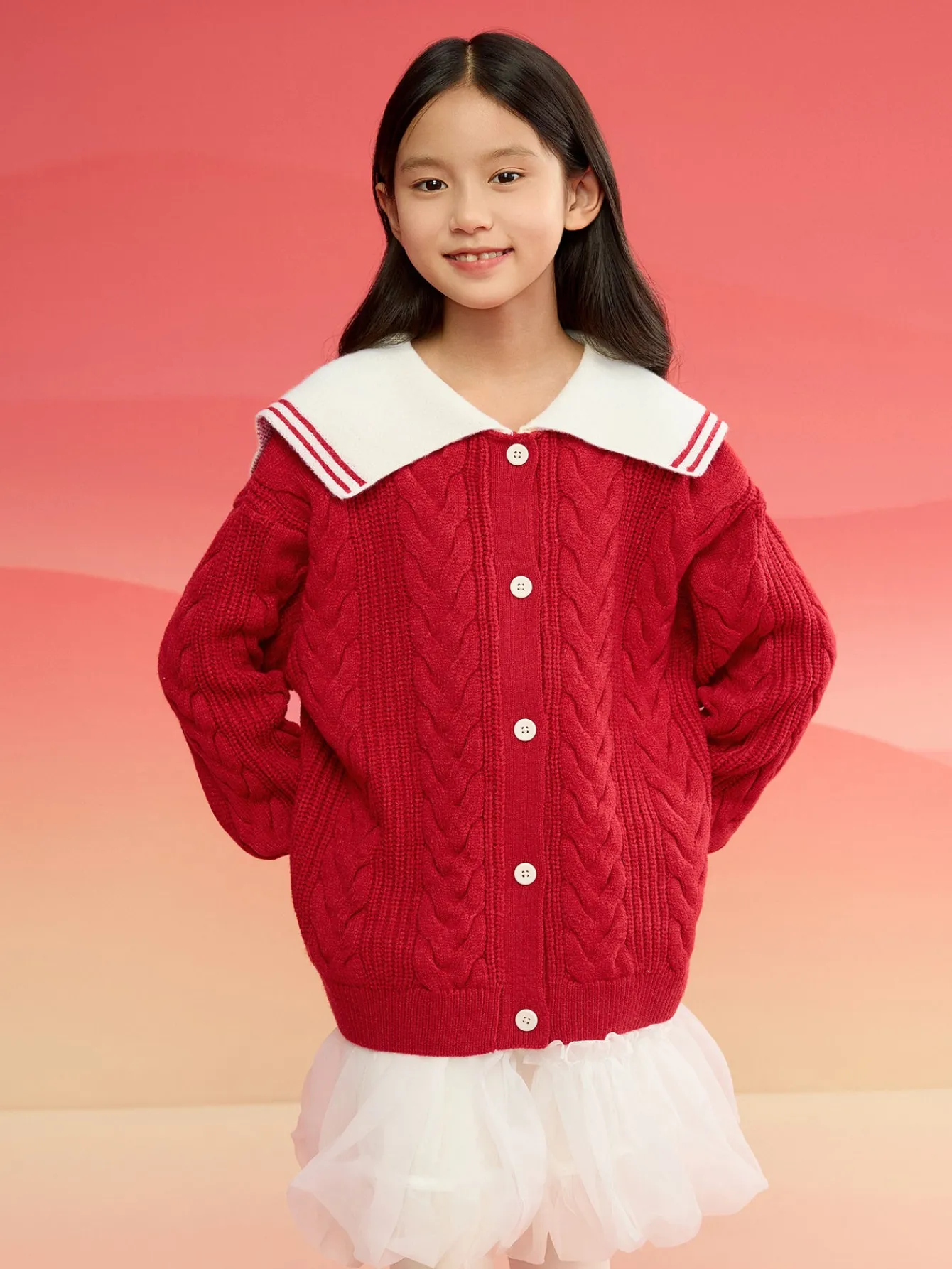 Balabala Barabara children's clothing girls sweater sweater 2024 winter new knitted color collision warm cardigan Red Shop
