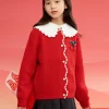 Balabala Barabara children's clothing girls sweater sweater 2024 winter new red knitted color collision warm cardigan Chinese Red Best