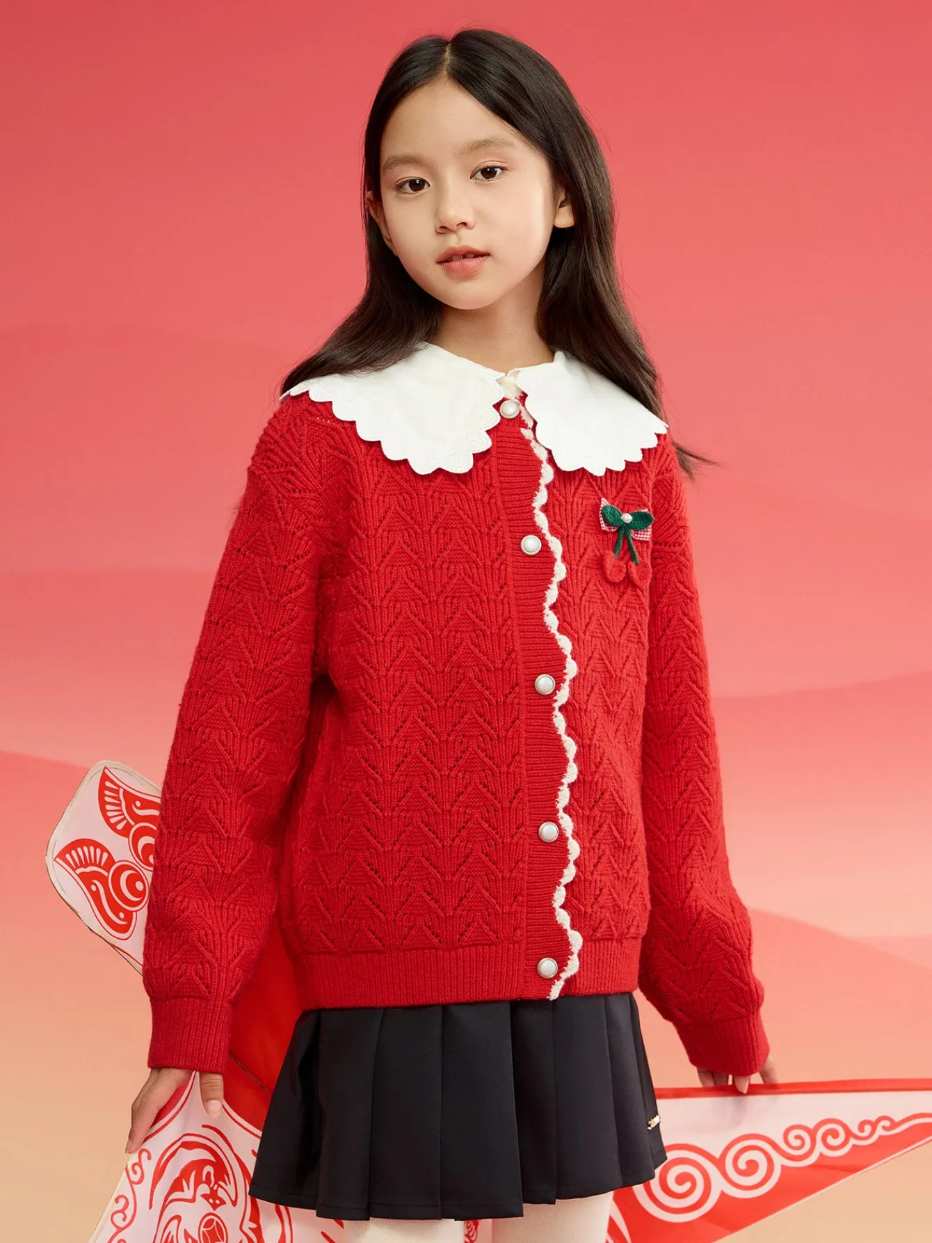 Balabala Barabara children's clothing girls sweater sweater 2024 winter new red knitted color collision warm cardigan Chinese Red Best