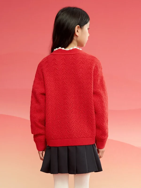 Balabala Barabara children's clothing girls sweater sweater 2024 winter new red knitted color collision warm cardigan Chinese Red Best