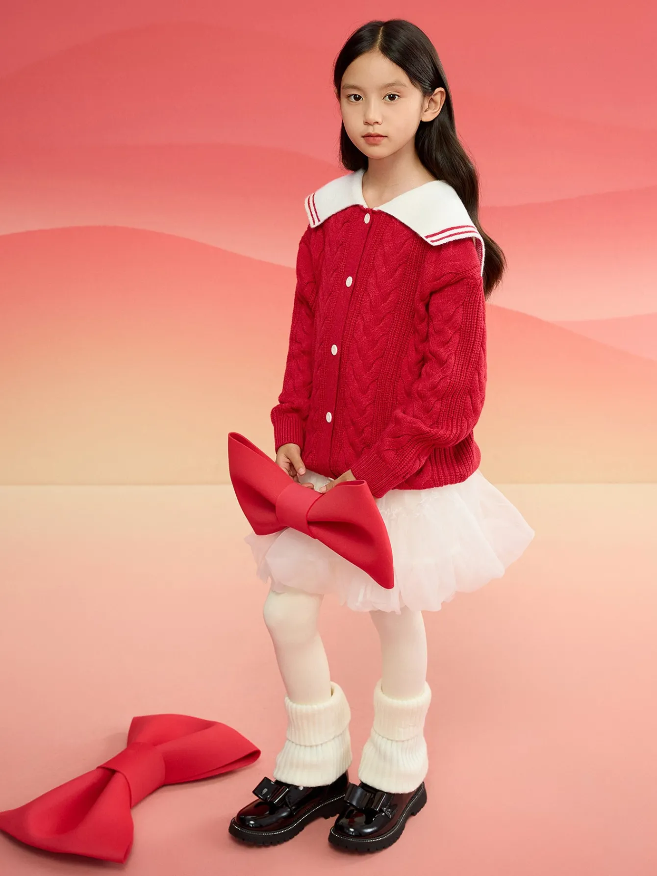 Balabala Barabara children's clothing girls sweater sweater 2024 winter new knitted color collision warm cardigan Red Shop