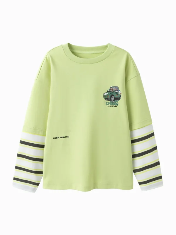 Balabala Boys' White and Green Spliced Sleeve Crew Neck Sweatshirt Yellow Best Sale