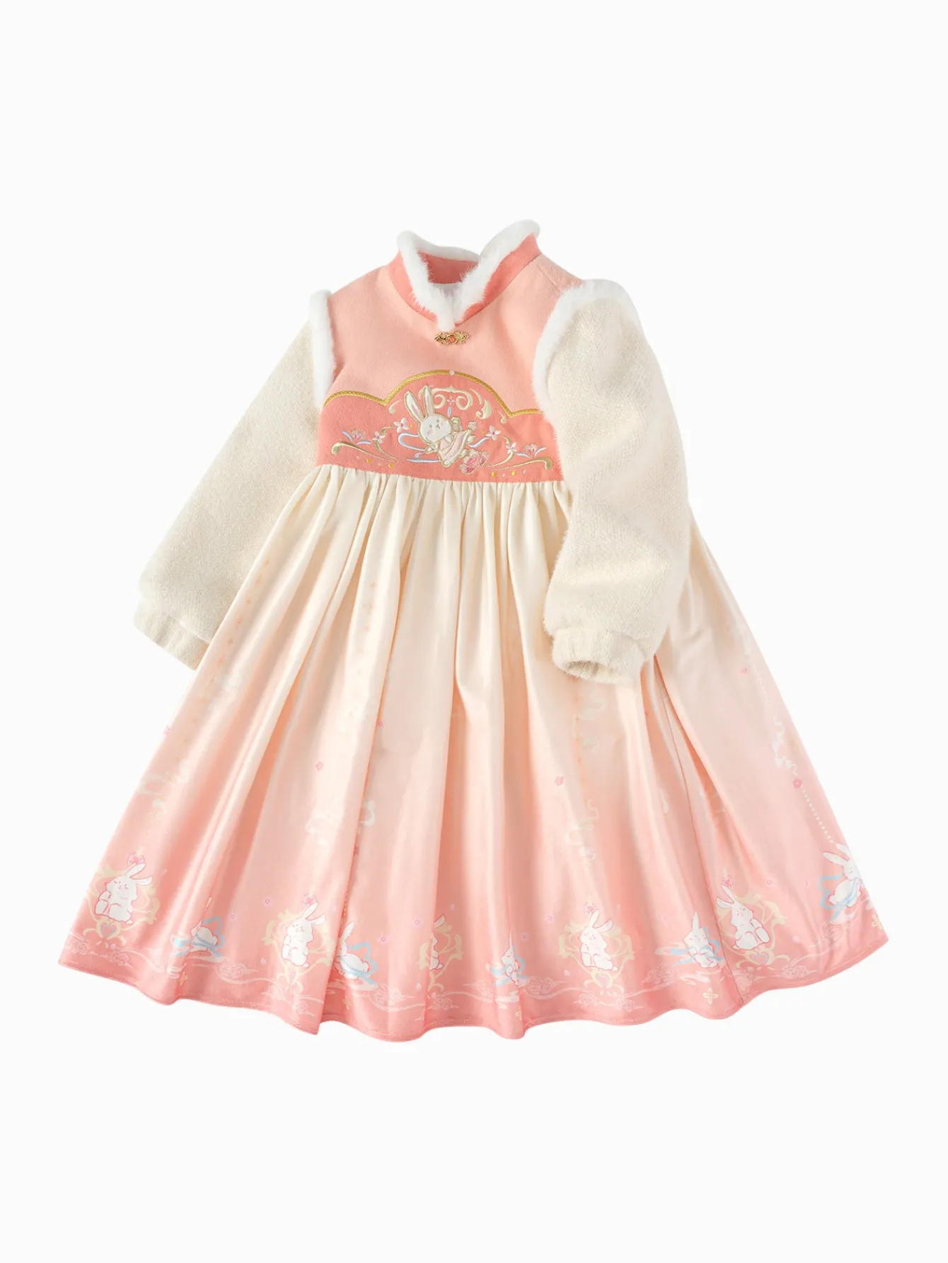 Balabala Girl Toddler Stand Collar Jade Rabbit Multicolor Dress Store