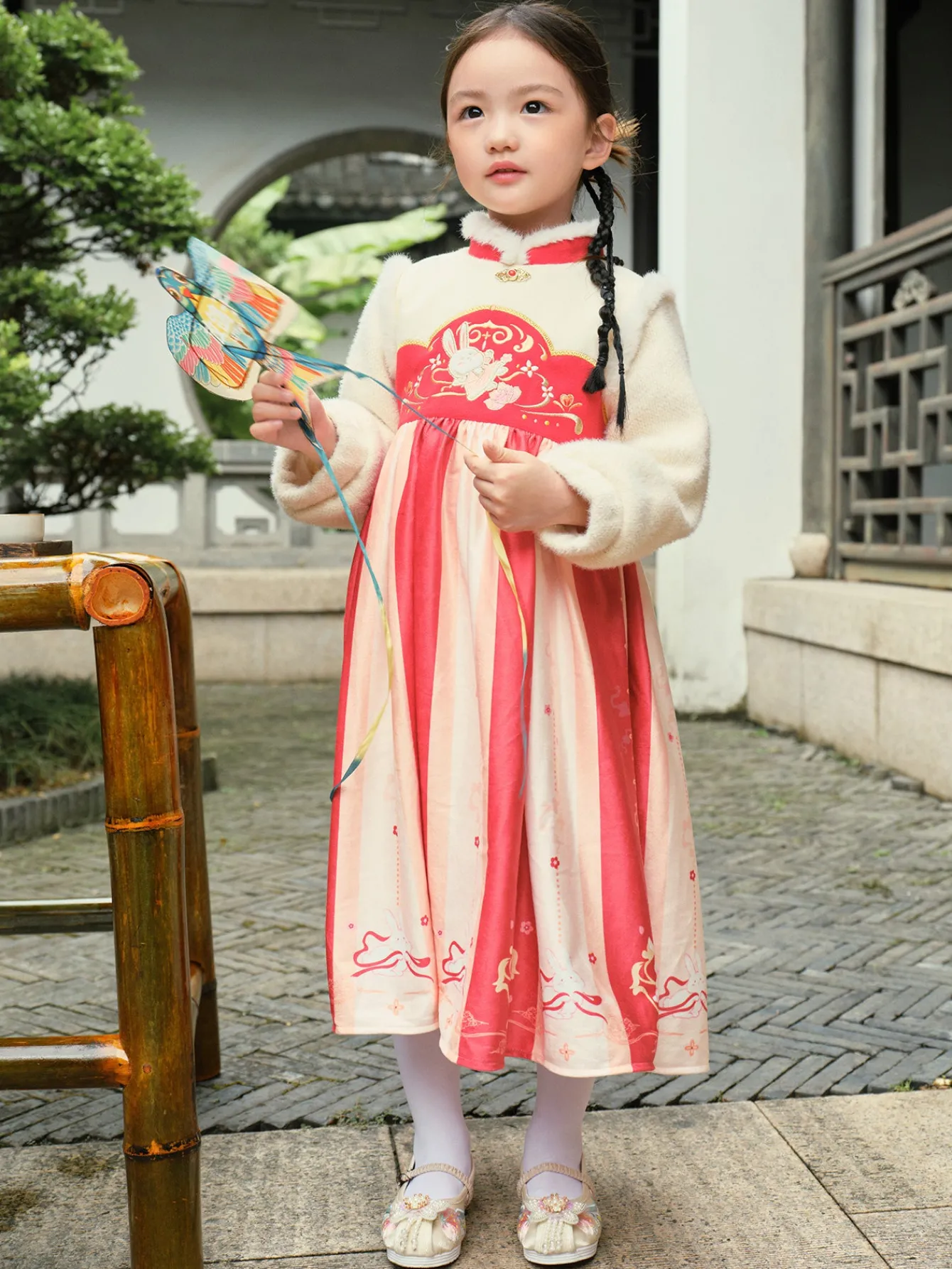 Balabala Girl Toddler Stand Collar Jade Rabbit Multicolor Dress Store