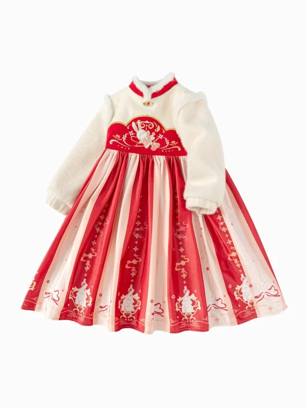Balabala Girl Toddler Stand Collar Jade Rabbit Multicolor Dress Store