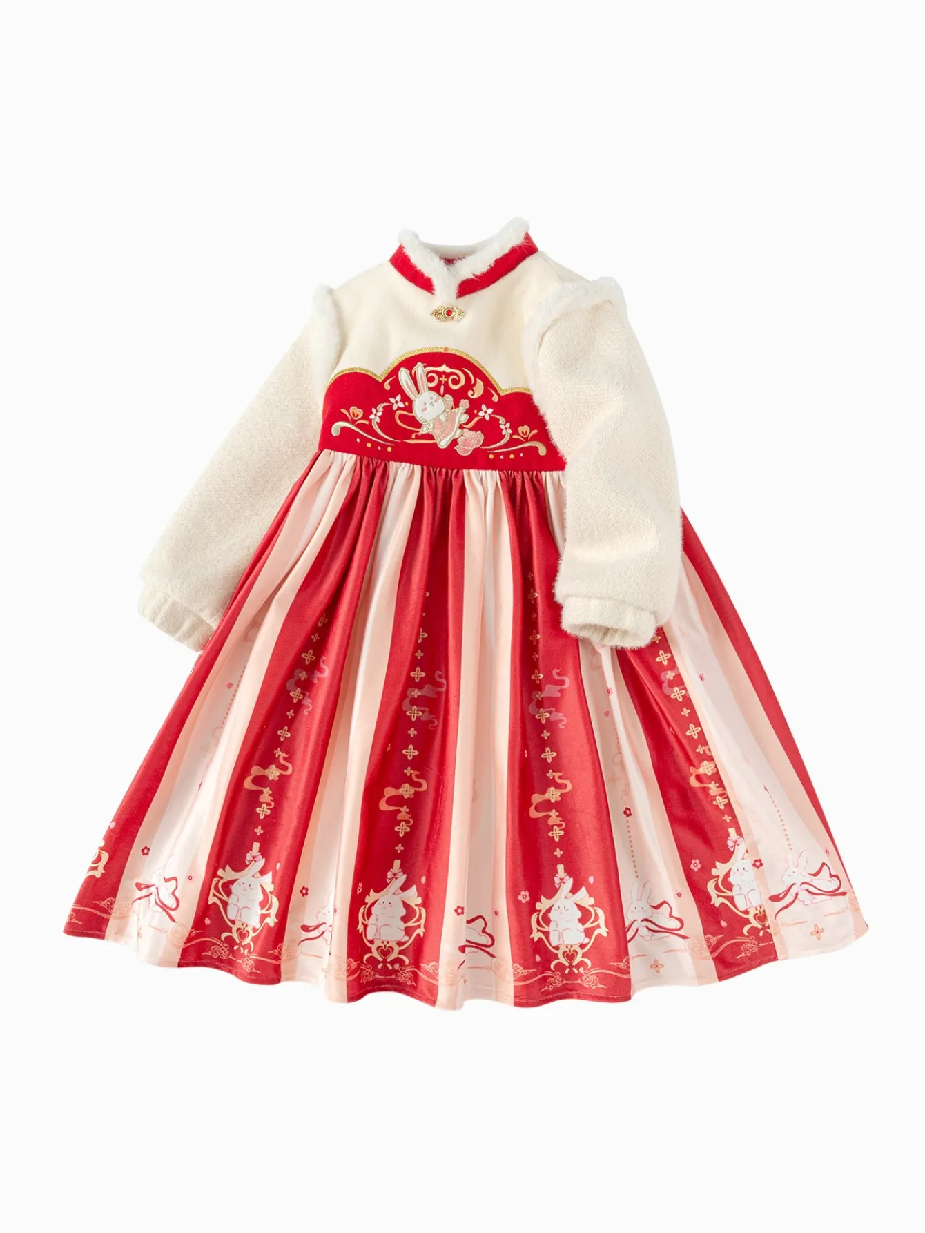 Balabala Girl Toddler Stand Collar Jade Rabbit Multicolor Dress Store