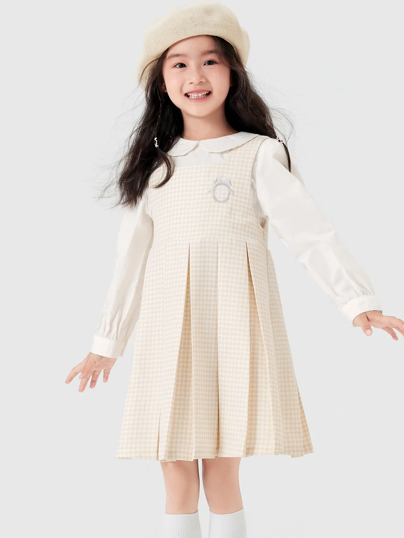 Balabala Girl Trend Scenarios Solid Color One-Piece Dress Coffee White Hue New