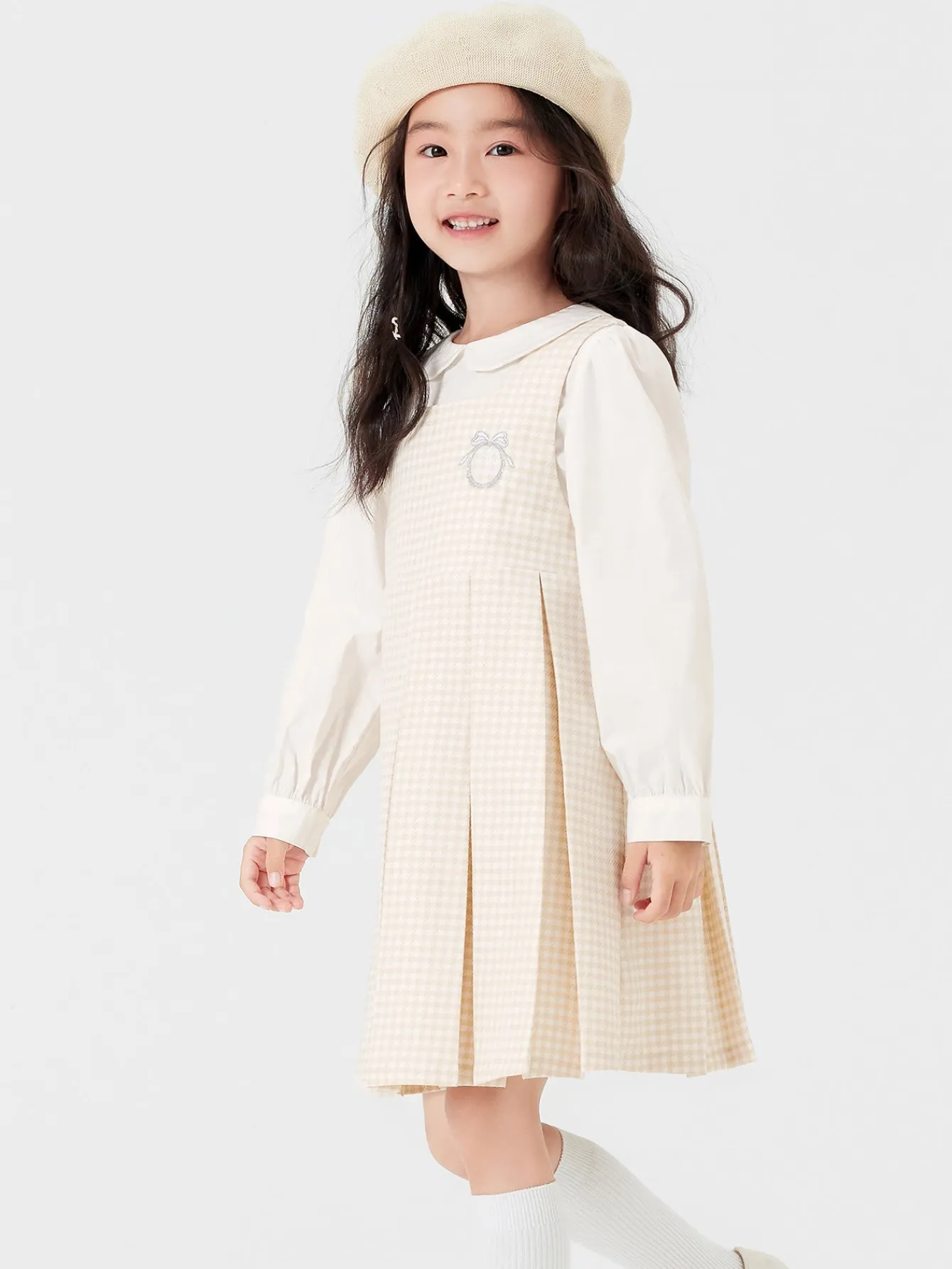 Balabala Girl Trend Scenarios Solid Color One-Piece Dress Coffee White Hue New