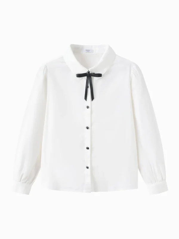 Balabala Girls' College Style Long Sleeve Shirt (Free Black Leather Bow Hair Accessory) Raw White Store