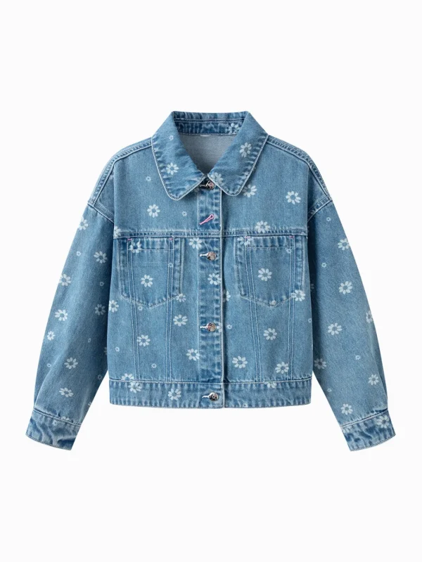 Balabala Girls Jacket Lapel Jacquard Denim Top Blue Discount