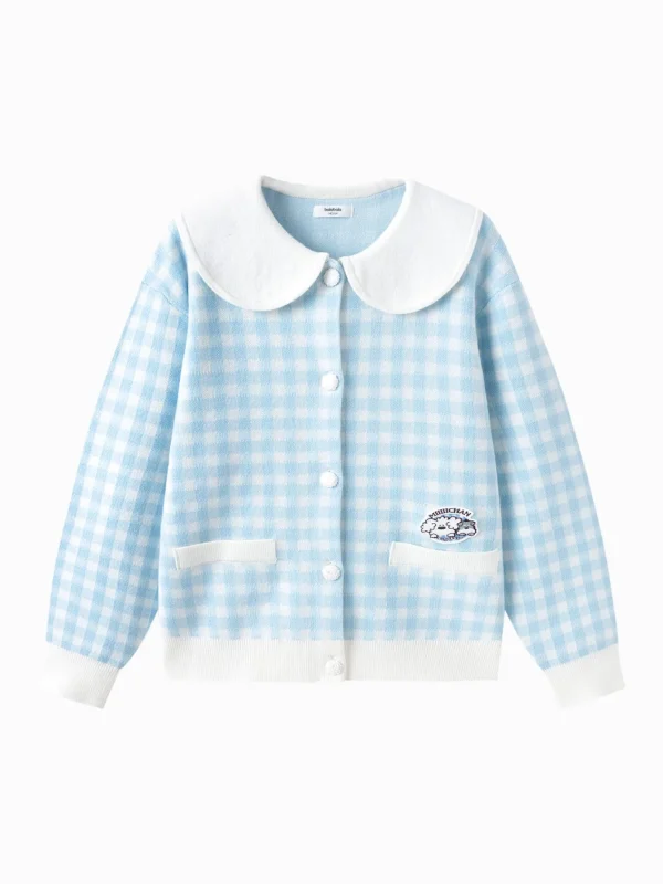 Balabala Girl's Lapel and White Checkered Sweater Blue Clearance