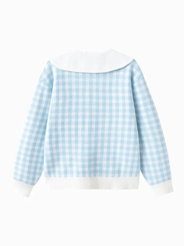 Balabala Girl's Lapel and White Checkered Sweater Blue Clearance