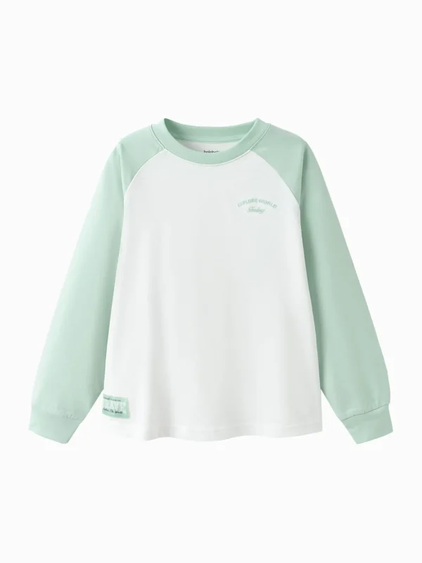 Balabala Long Sleeve T-Shirt 2025 Spring New Arrival for Boys and Girls Round V-Neck Long Sleeve T-Shirt White Green Outlet