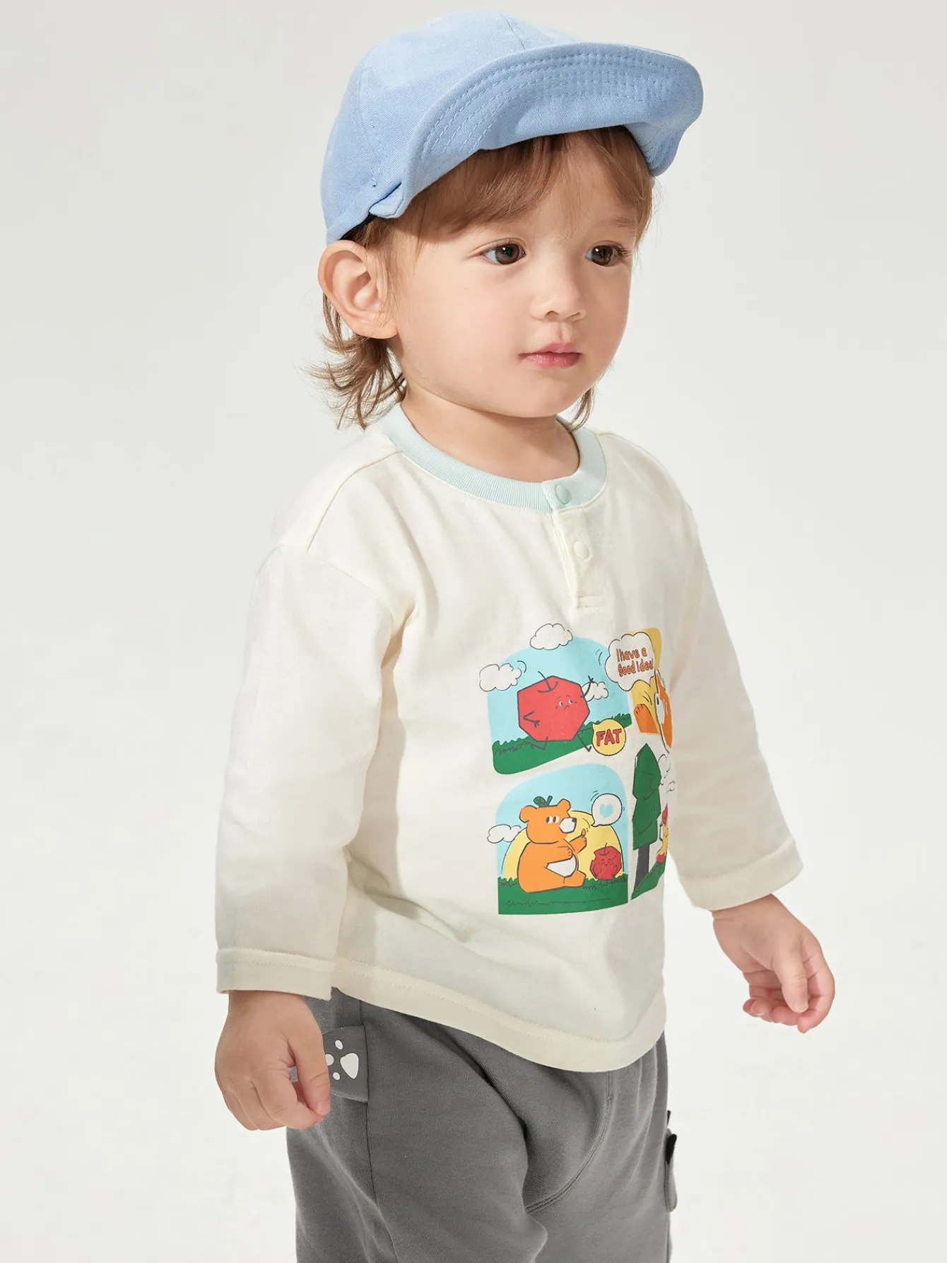 Balabala Long Sleeve T-Shirt 2025 Spring New Boy Baby Round V-neck Long Sleeve T-Shirt Off-white Discount