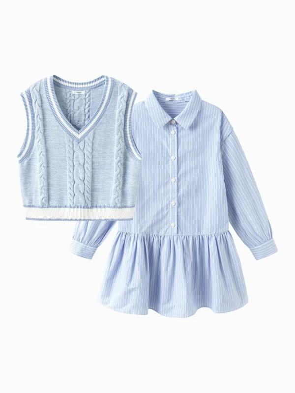 Balabala 2025 new girls sweater vest dress two-piece set Blue New