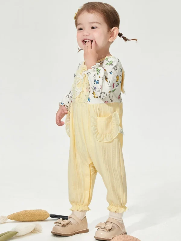 Balabala Outfit 2025 Spring New Style Girls Baby Knitted Jumpsuit Light Yellow Best