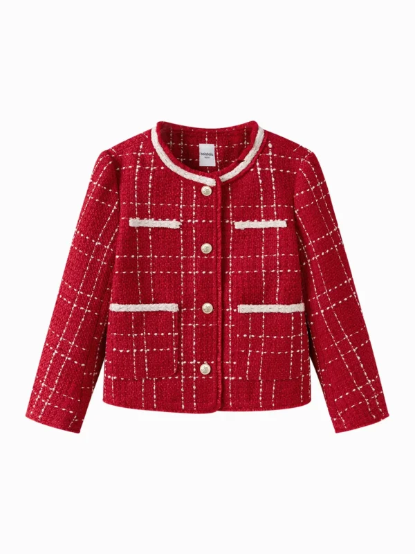 Balabala 2025 Spring New Girl's Tweed Cardigan Jacket Red Best